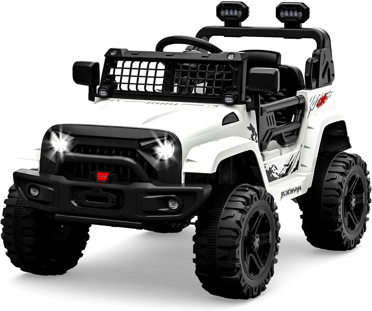 White 12V Kids Ride-On Truck with Remote Control and LED Lights