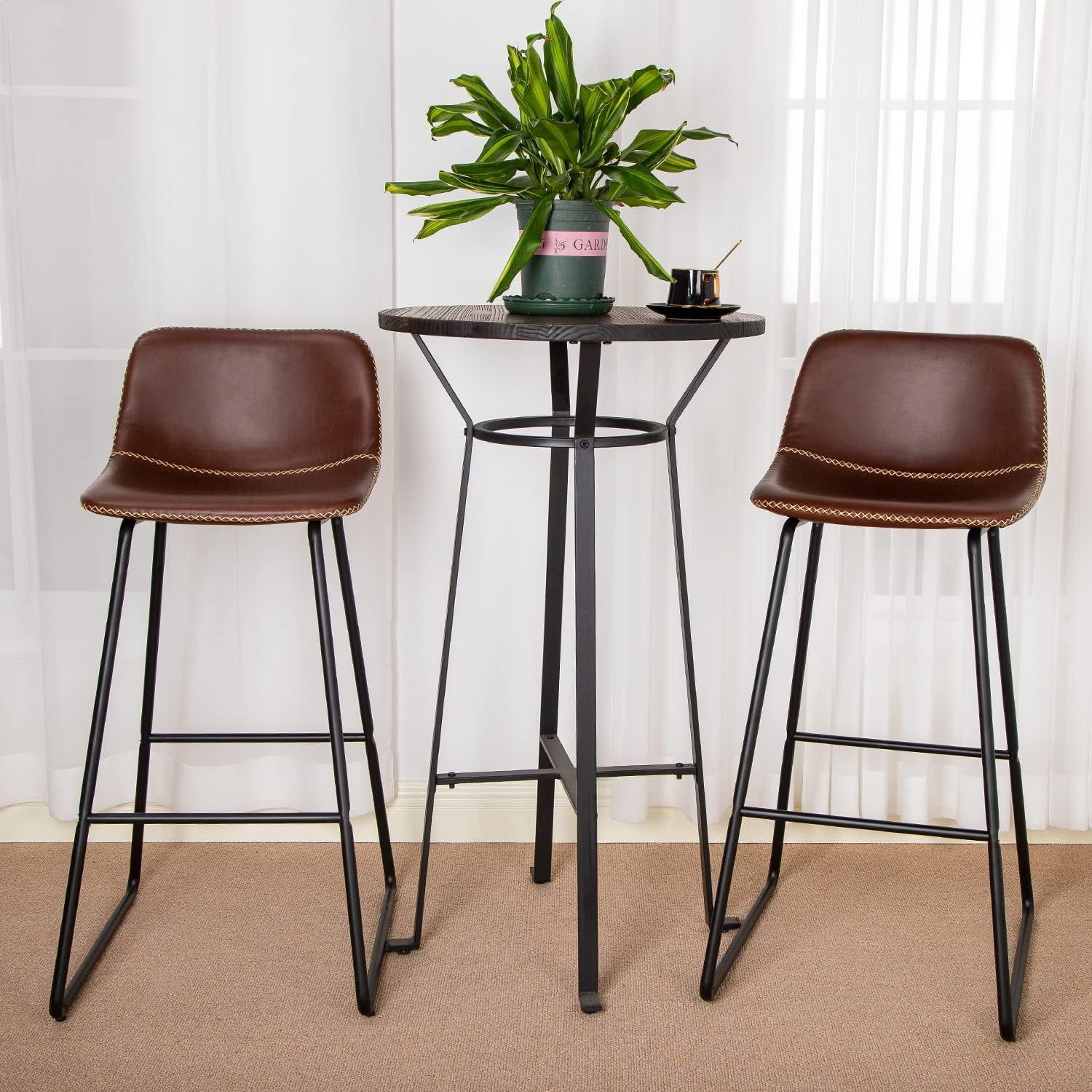 Brown Faux Leather and Metal Bar Stools, 30-Inch Set of 2