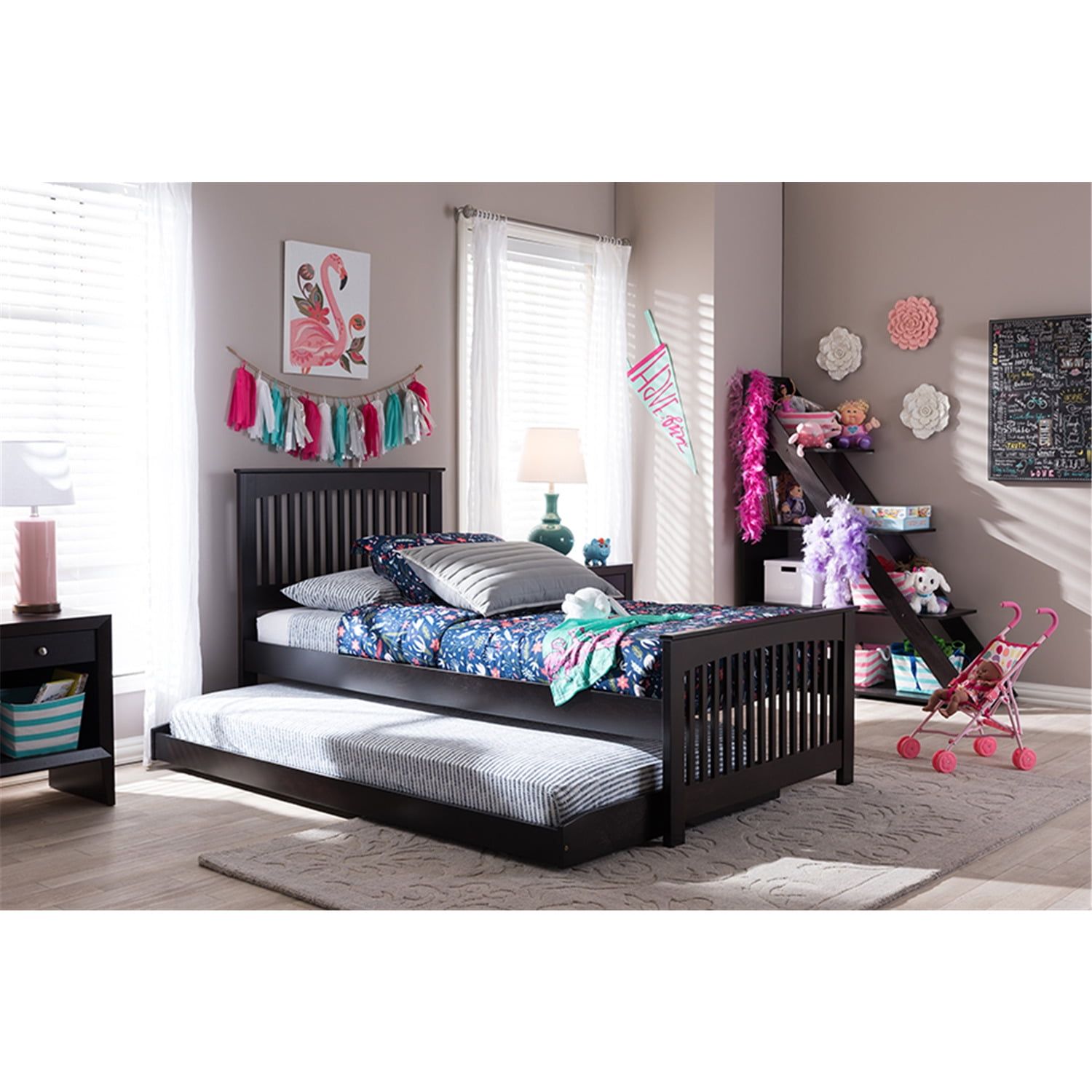 Twin Dark Brown Solid Wood Platform Bed with Trundle