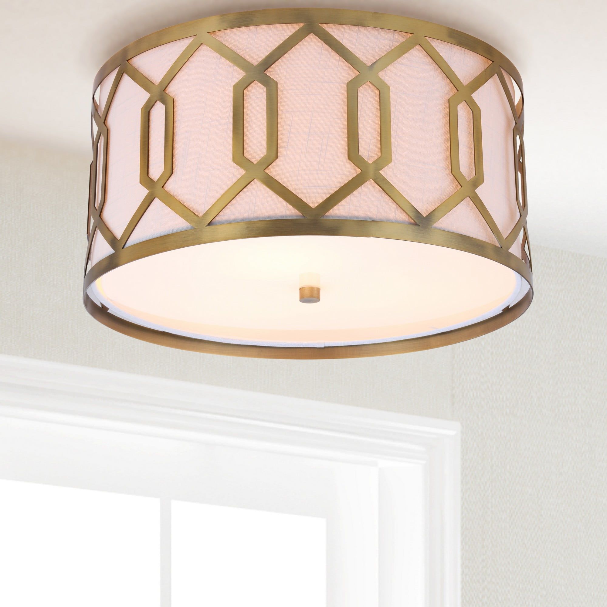 Satin Brass Hex 3-Light 16.25" Metal LED Flush Mount with Linen Shade