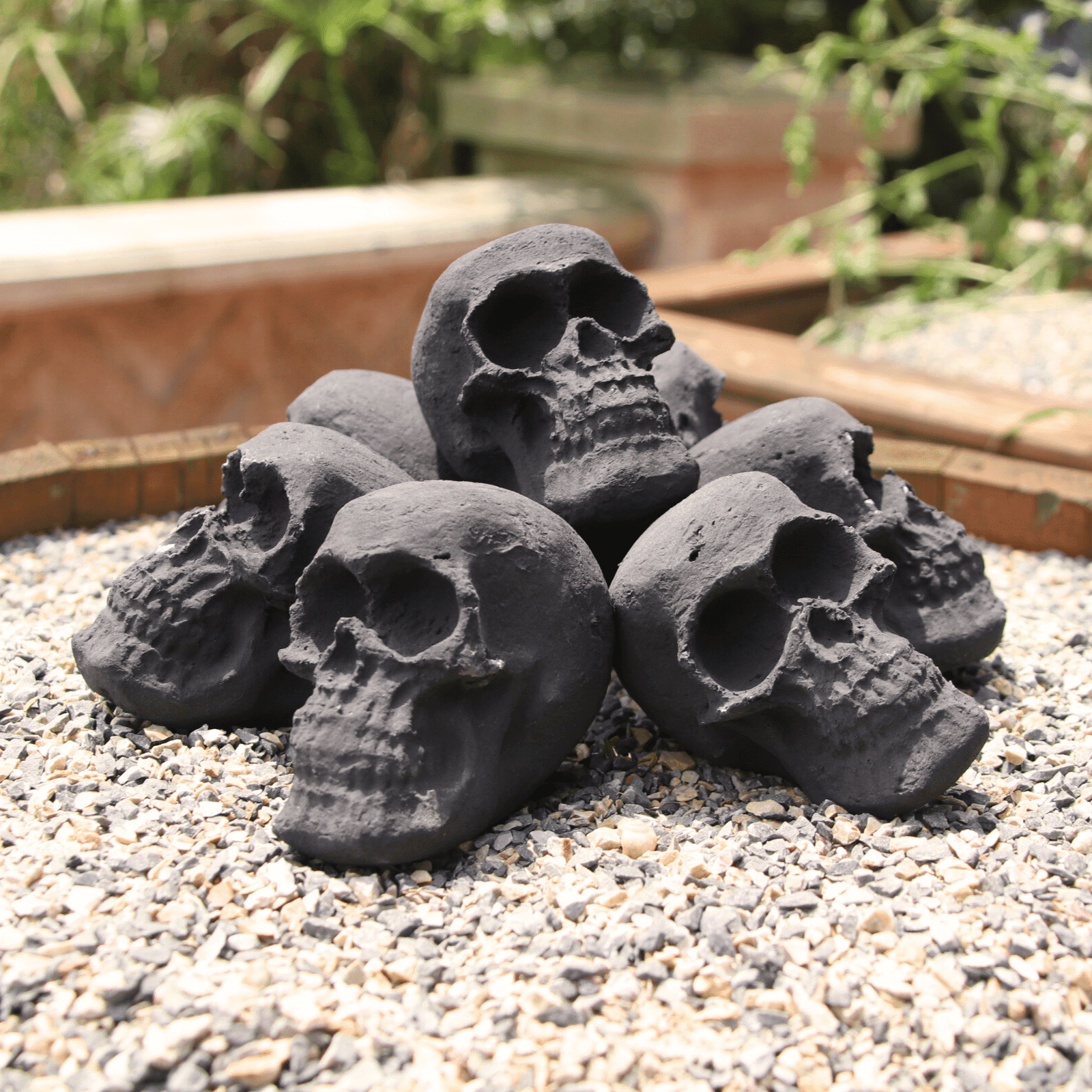 Mini Black Ceramic Skull Fire Pit Logs Set, 7 Pieces