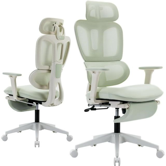 Ergonomic High Back Green Mesh Office Chair with Adjustable Arms and Footrest