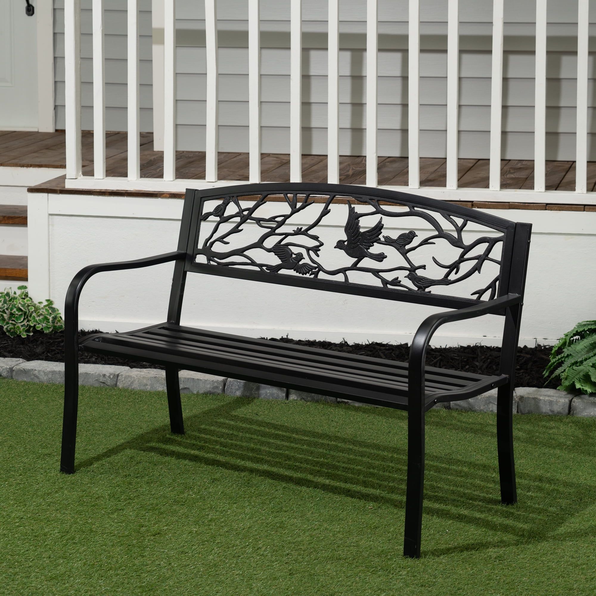 Black Metal Birds and Branches 48" Garden Bench