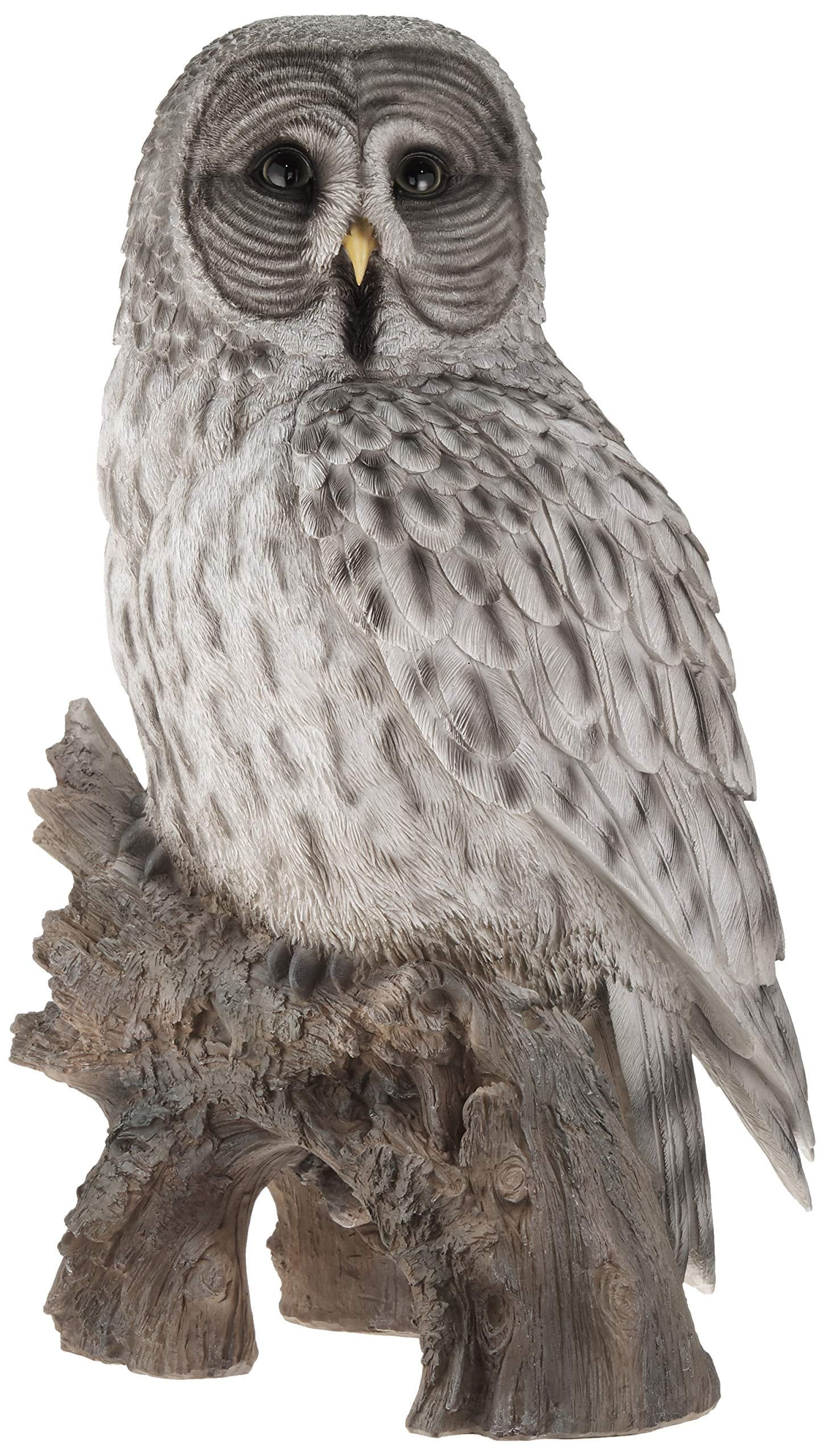 Grey Polyresin Owl on Tree Stump Statue