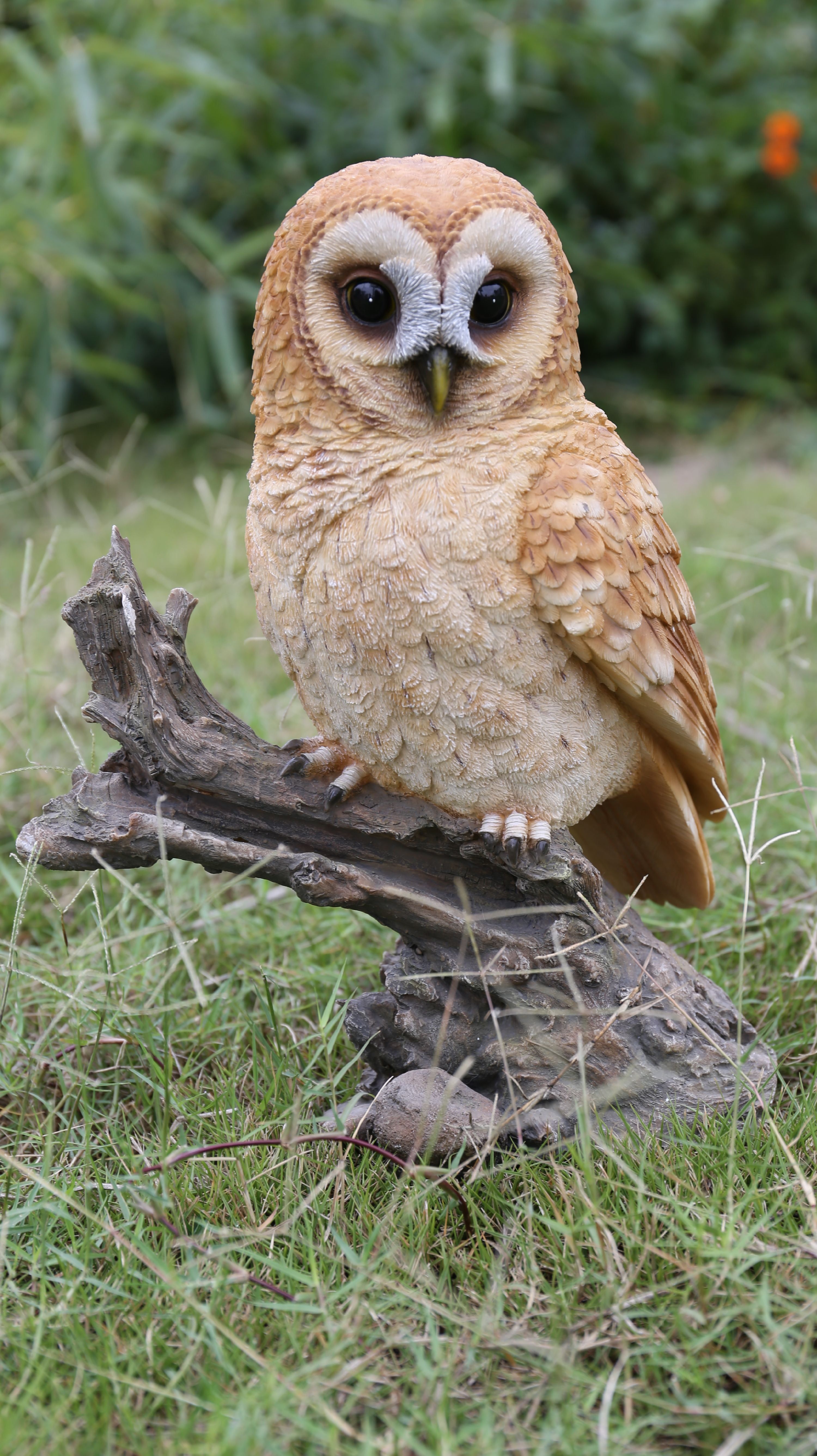 Beige and Brown Polyresin Owl on Stump Statue