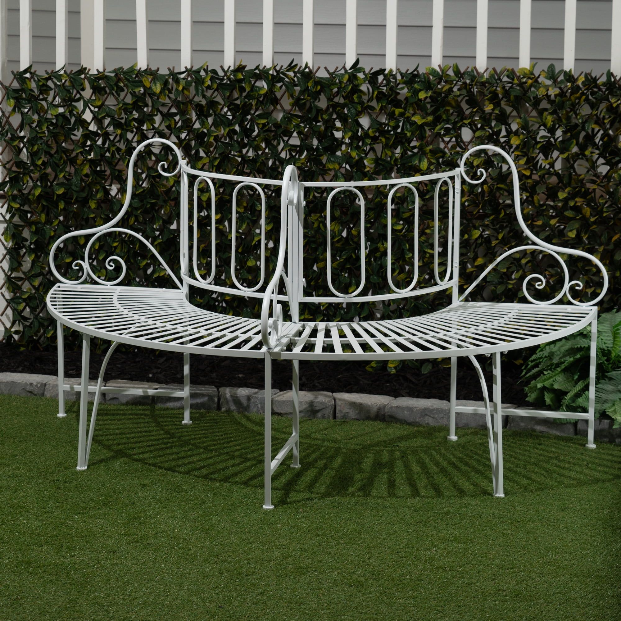 Elegant White Metal Curved Garden Bench with Tree Design