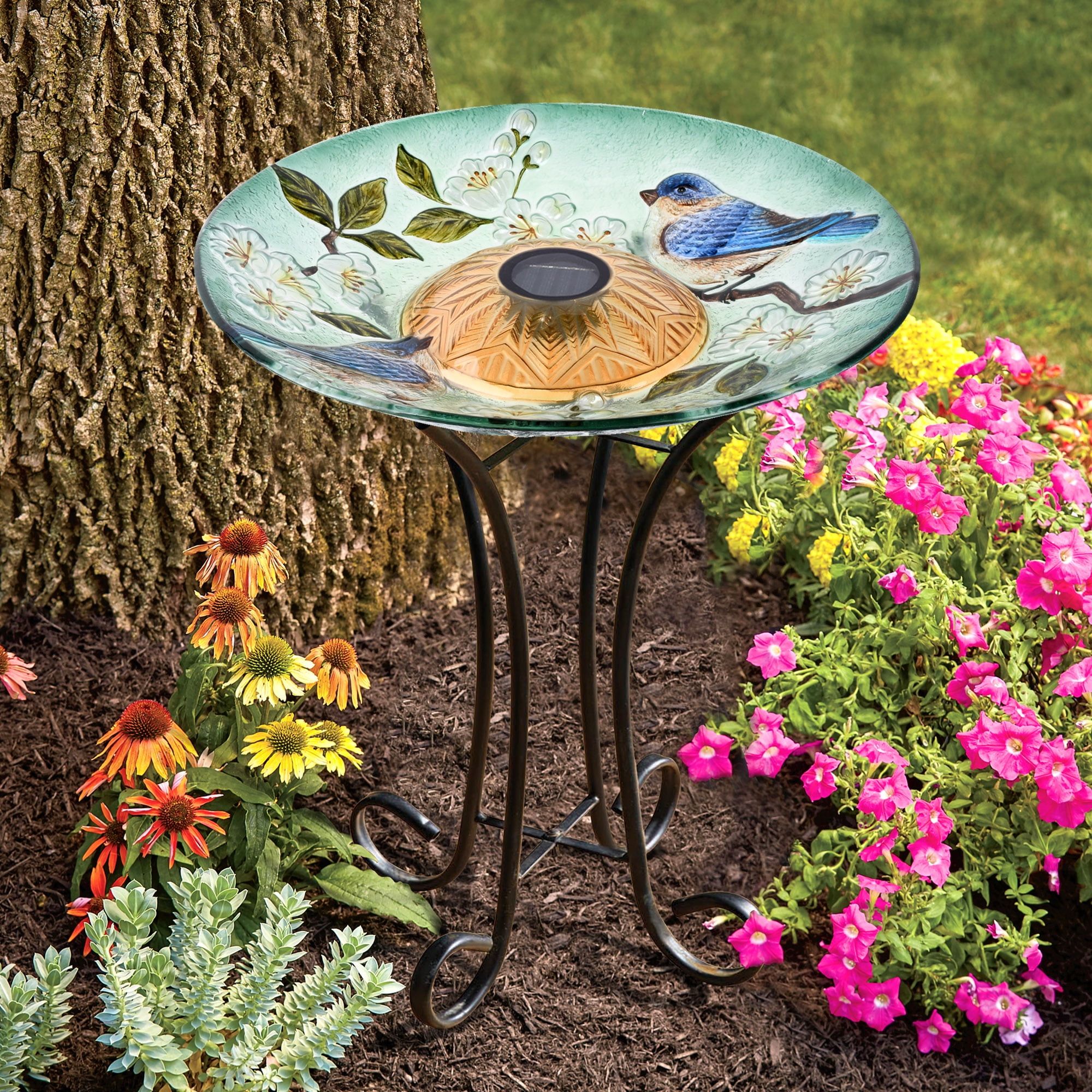 Solar LED Floral Glass Bird Bath with Metal Stand