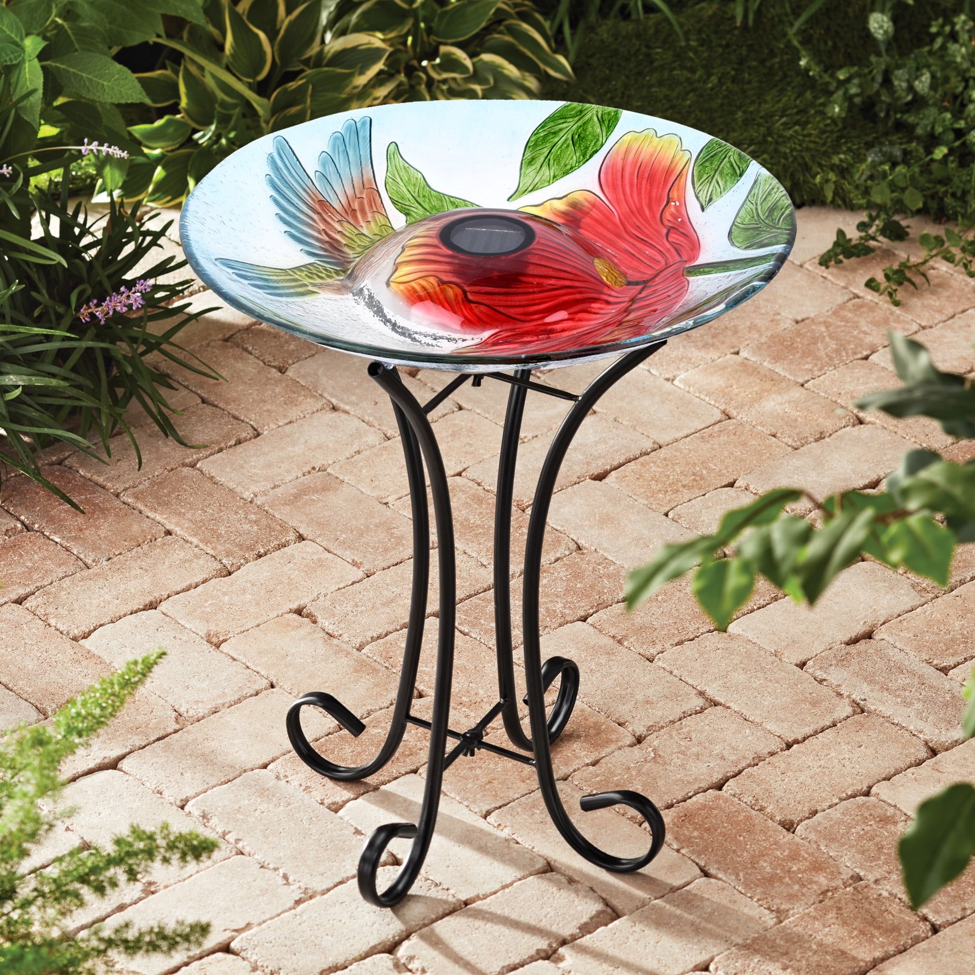 Solar LED Floral Glass Bird Bath with Metal Stand