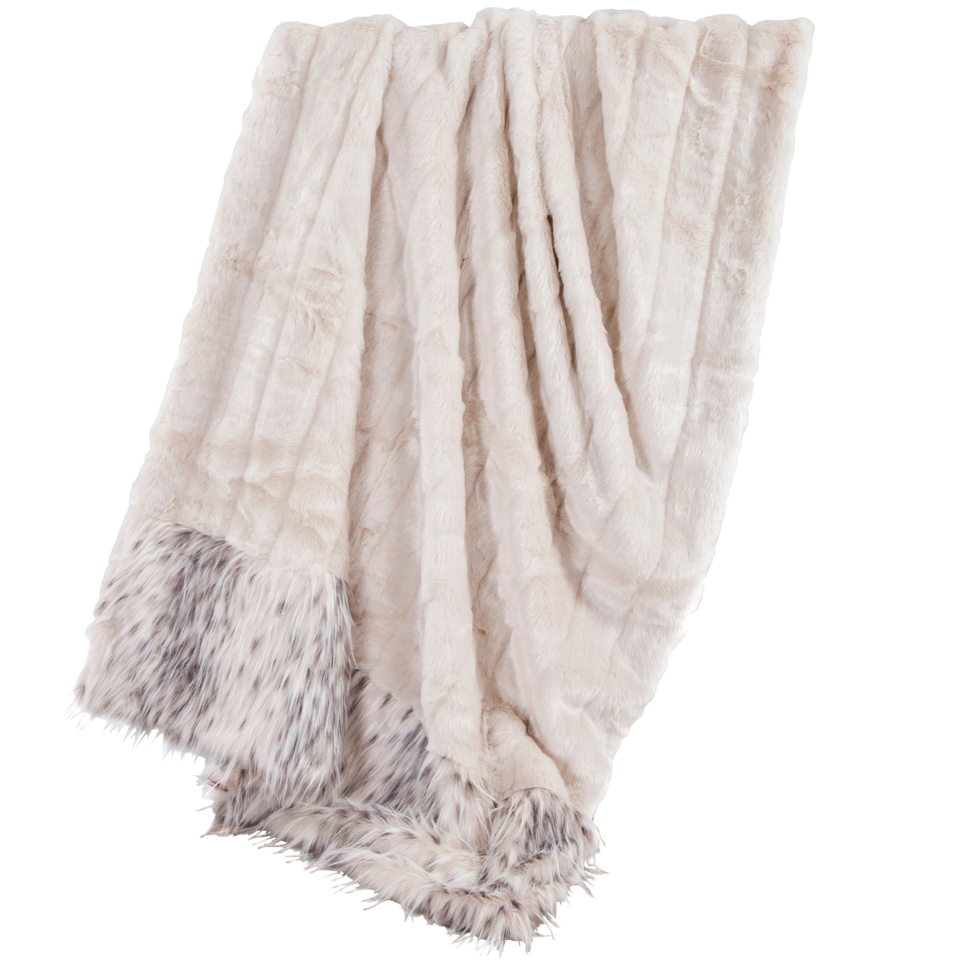 Oversized White Faux Mink Throw with Snow Leopard Fur Detail