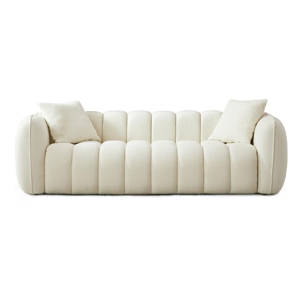 Cream White Tufted Microfiber 3-Seater Sofa with Wood Base