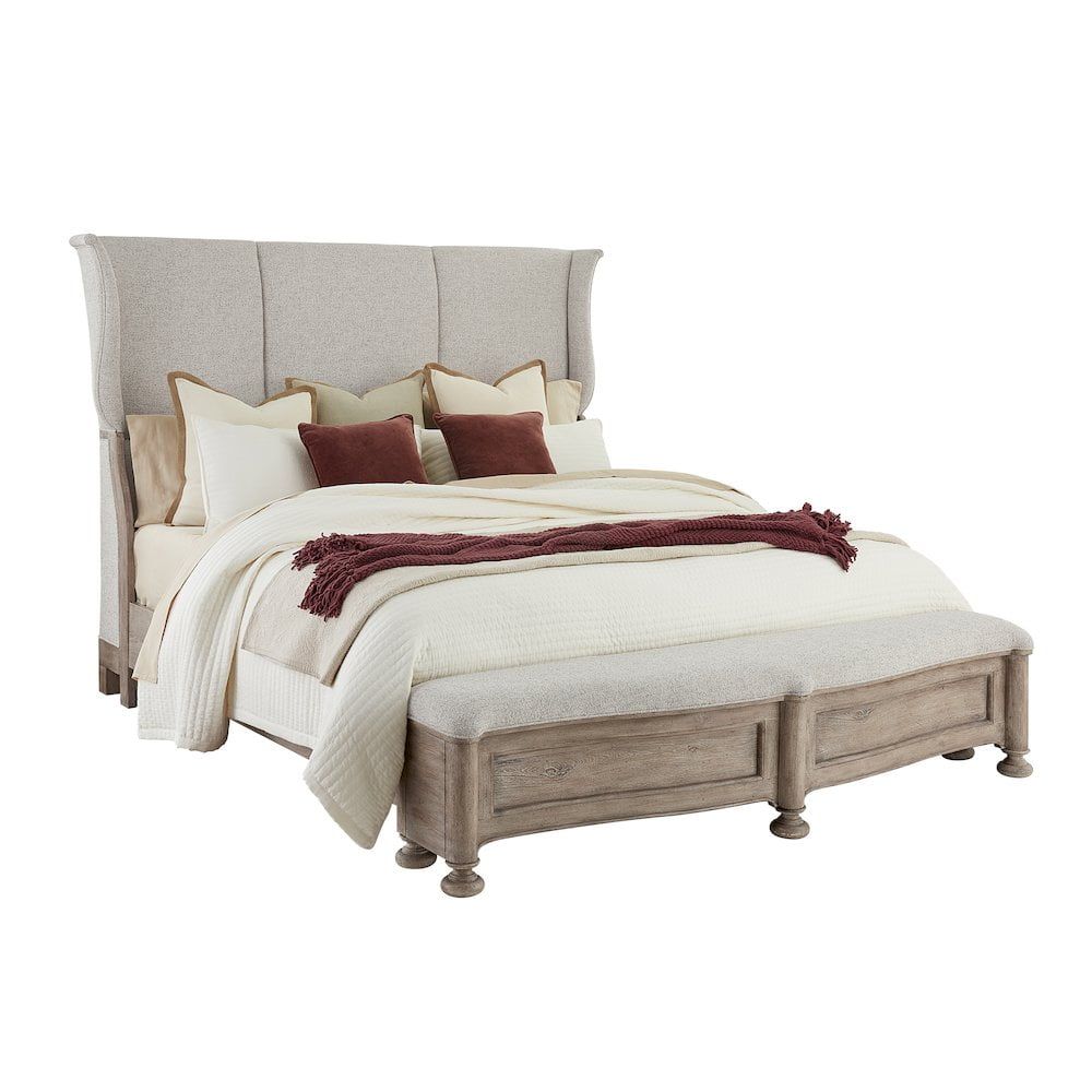 Beige and Gray King Upholstered Wood Bed with Drawer