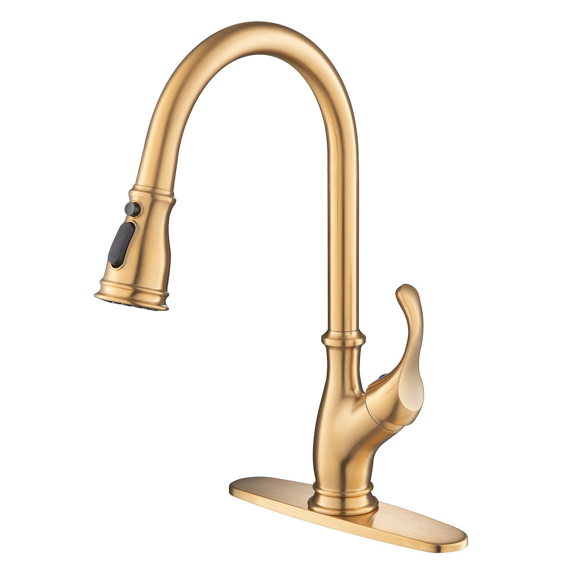 Brushed Gold High Arc Pull Out Kitchen Faucet with Deck Plate