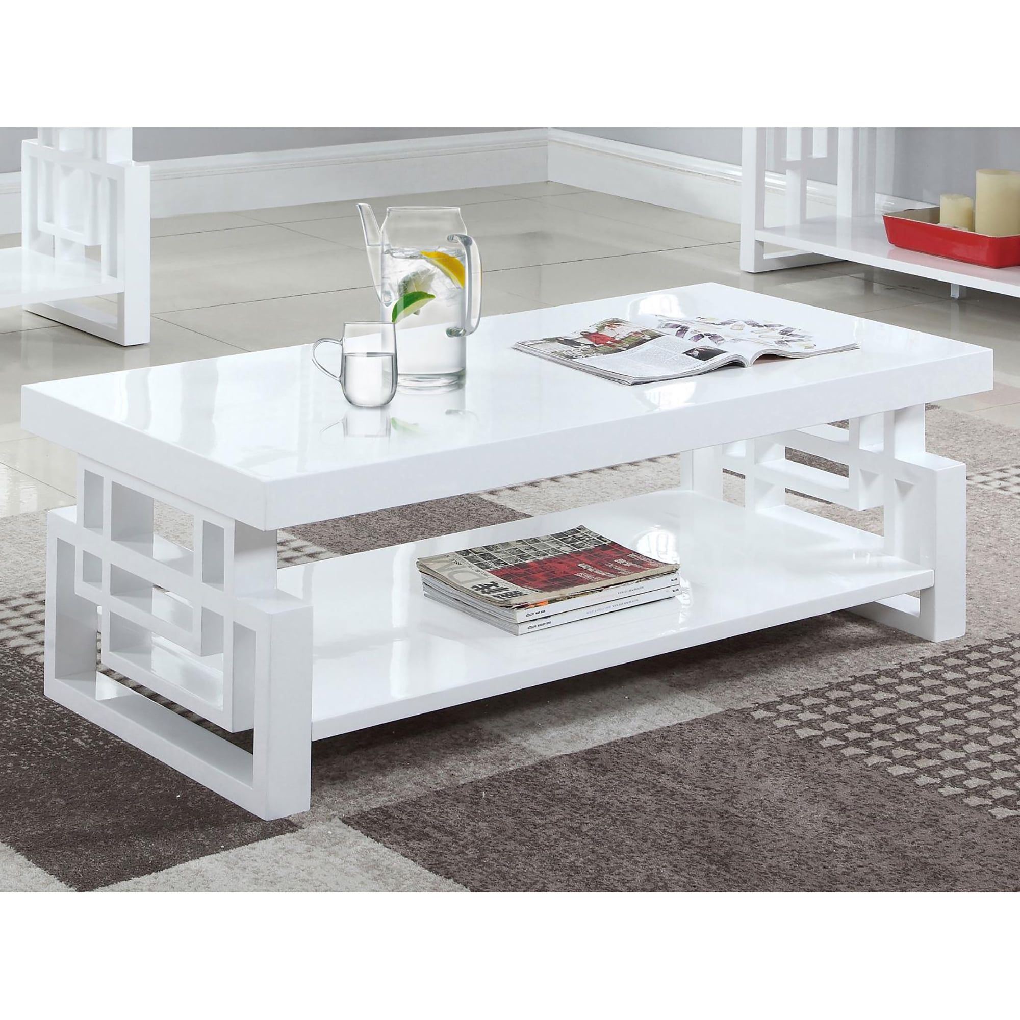 Glossy White Rectangular Wood and Metal Coffee Table