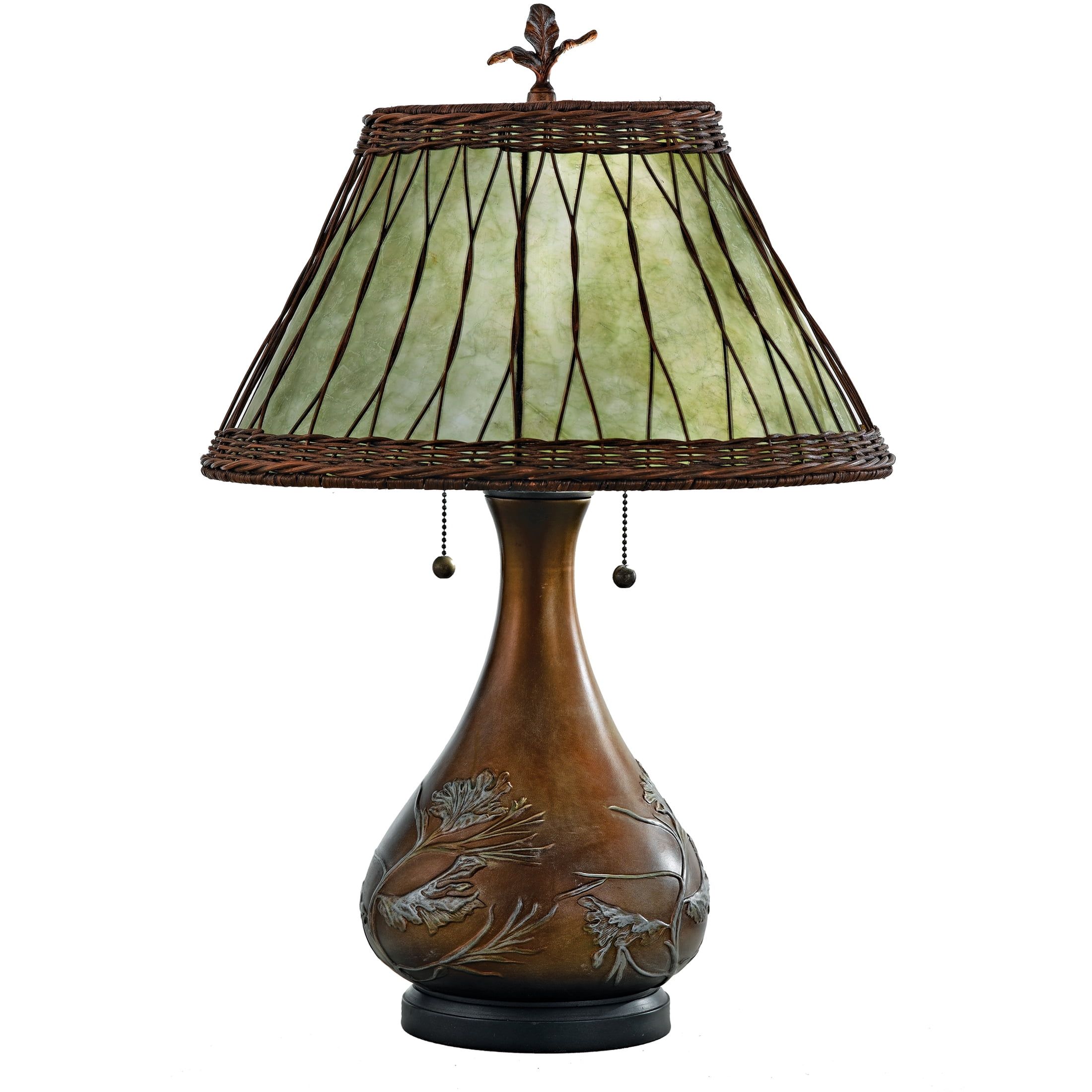 Bronze Table Lamp with Green Mica Shade and Wicker Overlay