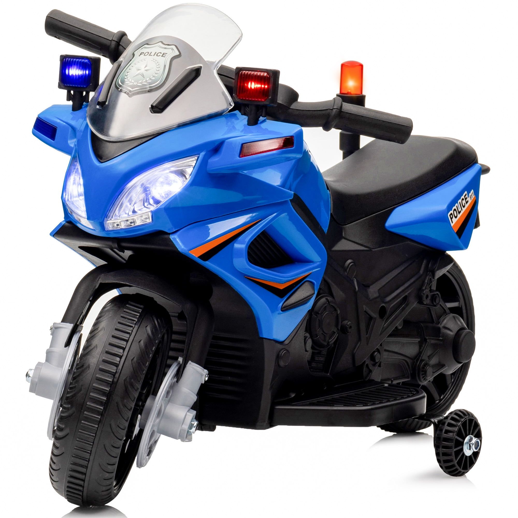 Blue 6V Kids Police Motorcycle with LED Lights and Training Wheels