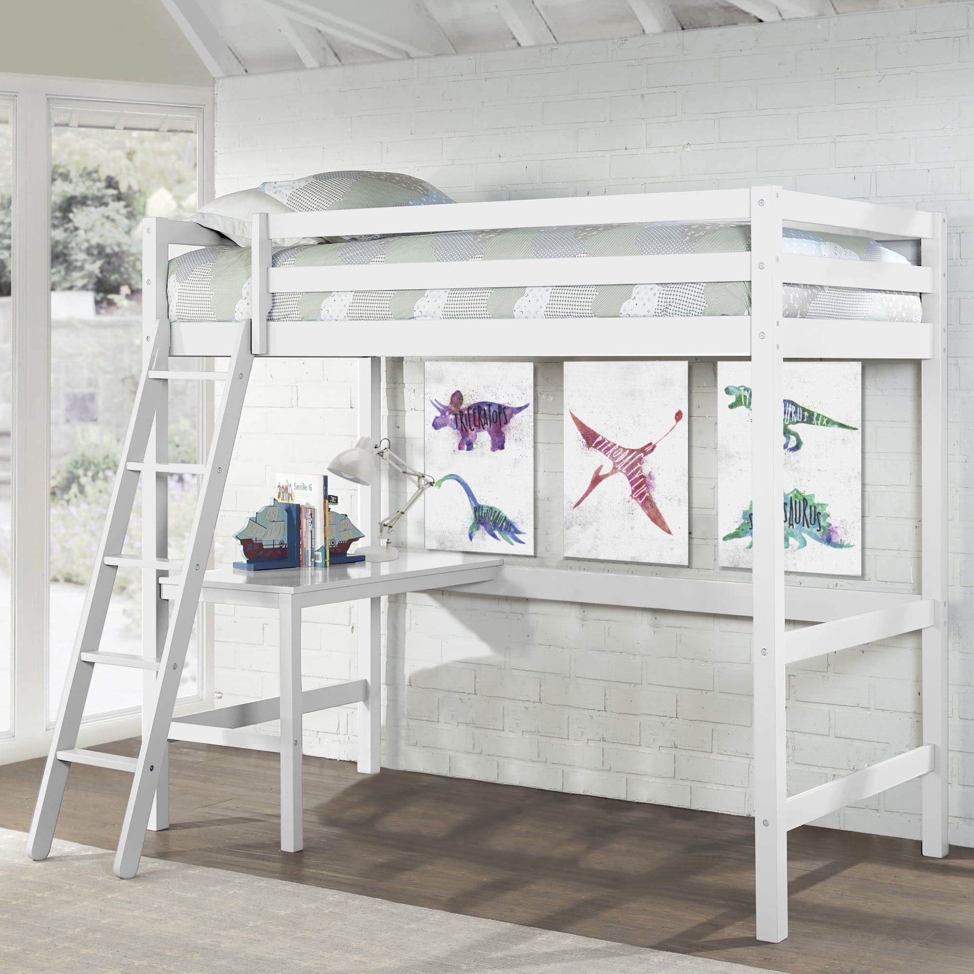 White Twin Pine Loft Bed with Desk and Slats