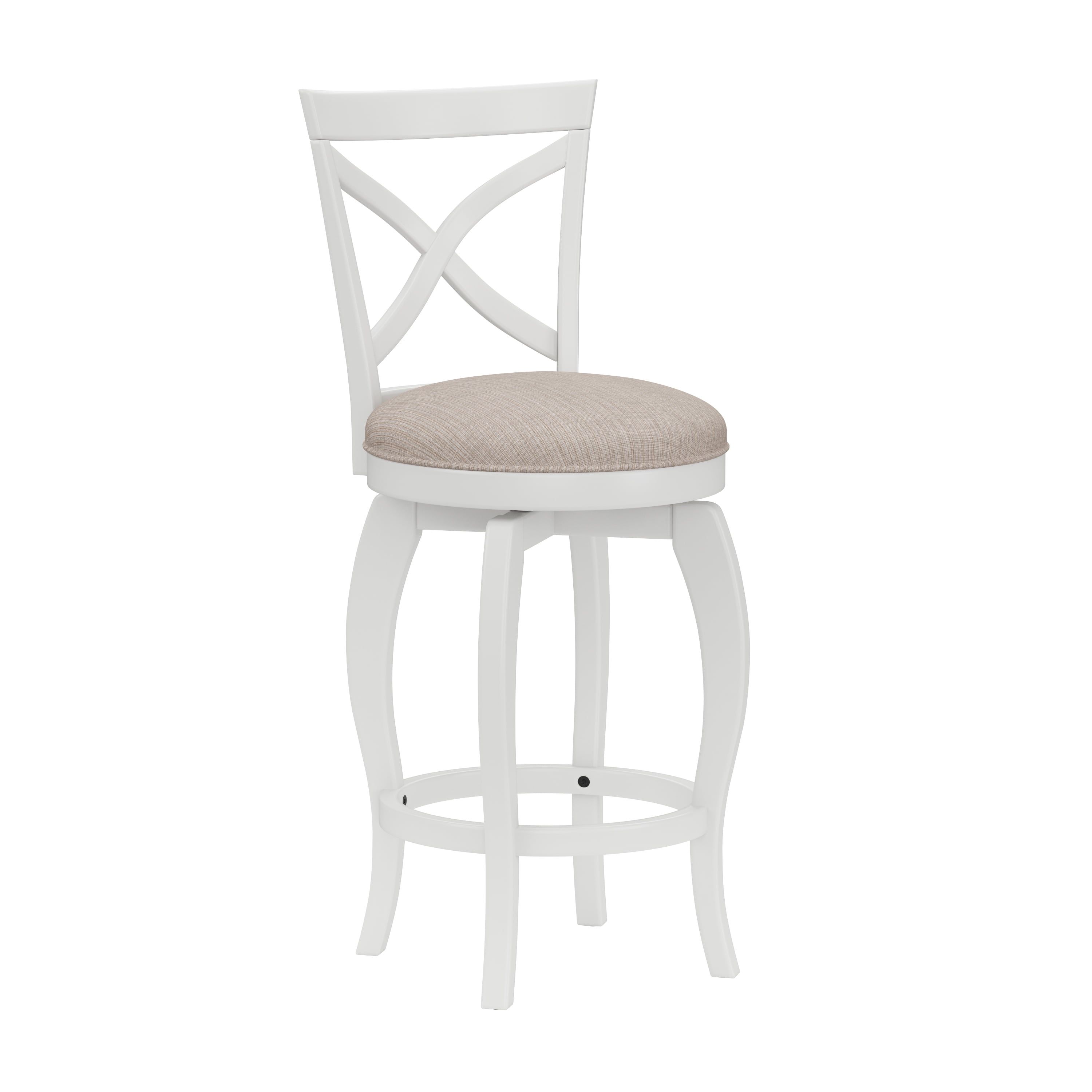 White Wood Swivel Counter Stool with Beige Fabric