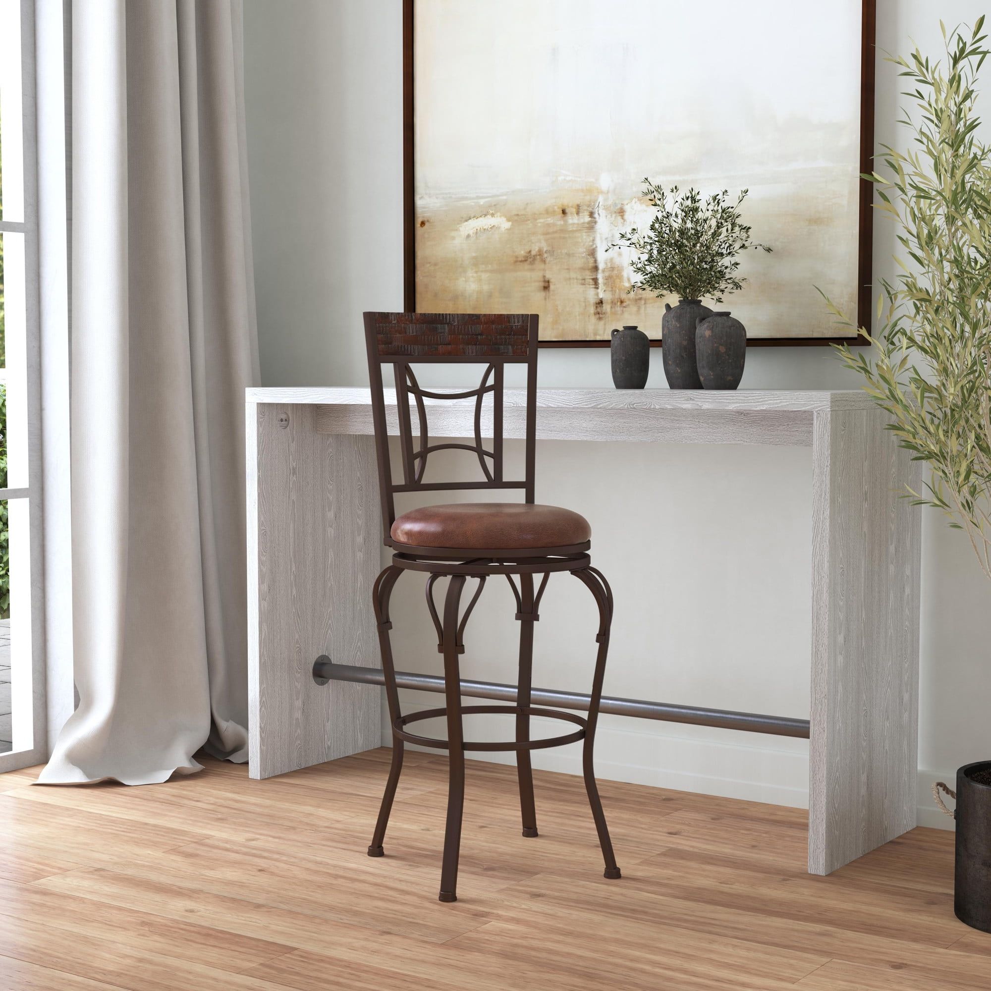 Traditional Dark Chestnut Swivel Bar Stool with Antique Brown Leather