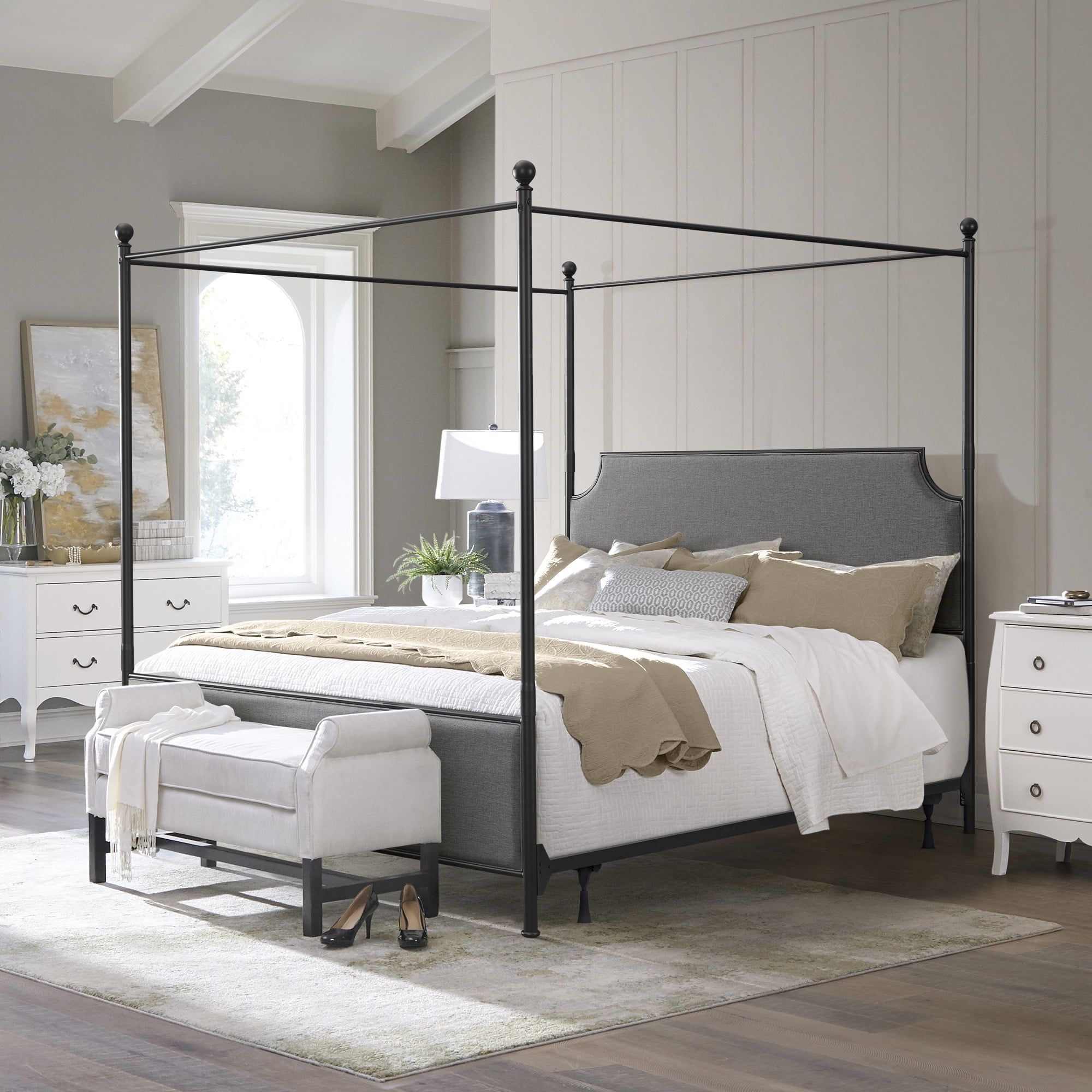 McArthur King Matte Black Metal Upholstered Canopy Bed