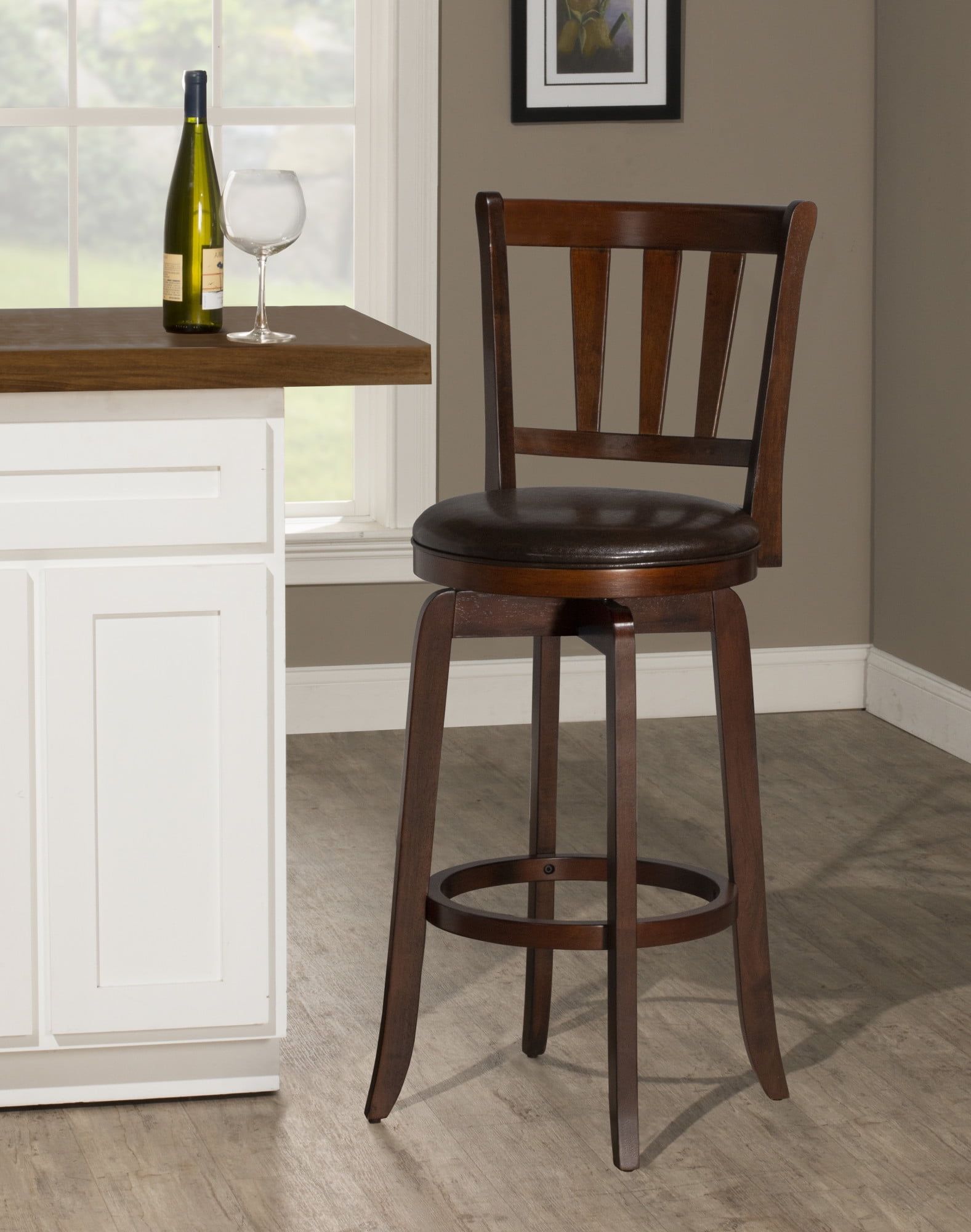 Cherry Wood Swivel Barstool with Brown Leather Seat