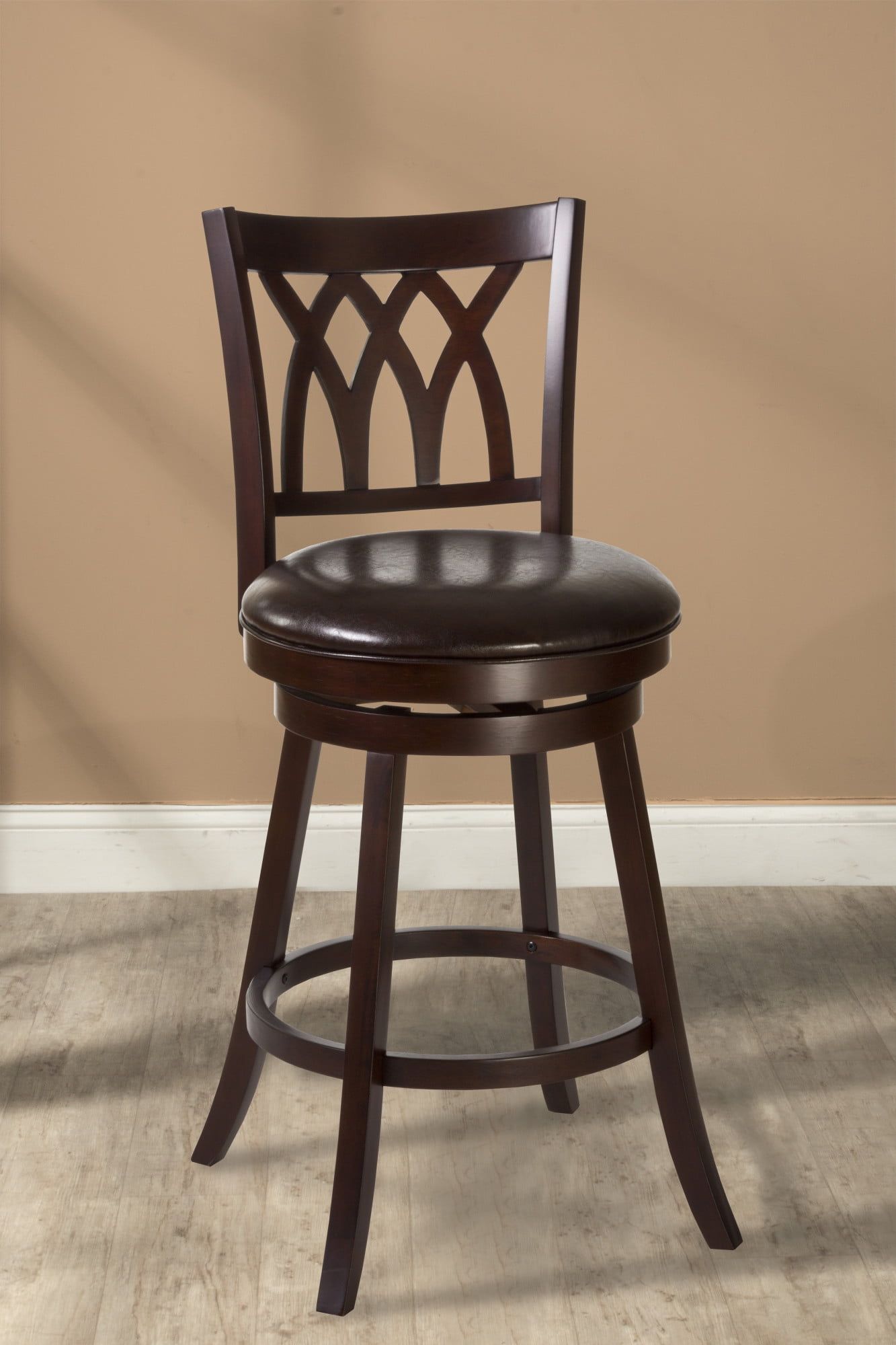 Cherry Wood Swivel Bar Height Stool with Brown Faux Leather