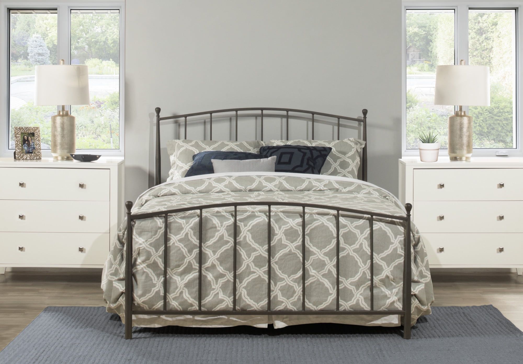 Gray Bronze Upholstered Queen Metal Frame Bed with Headboard