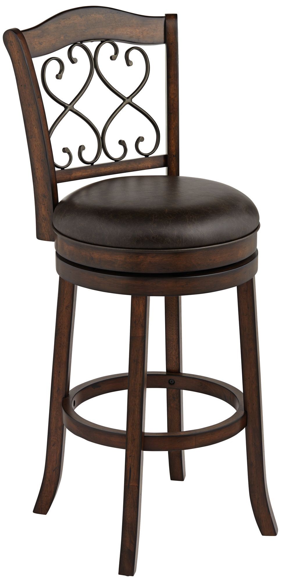 Brown Faux Leather and Rubberwood Swivel Bar Stool with Backrest