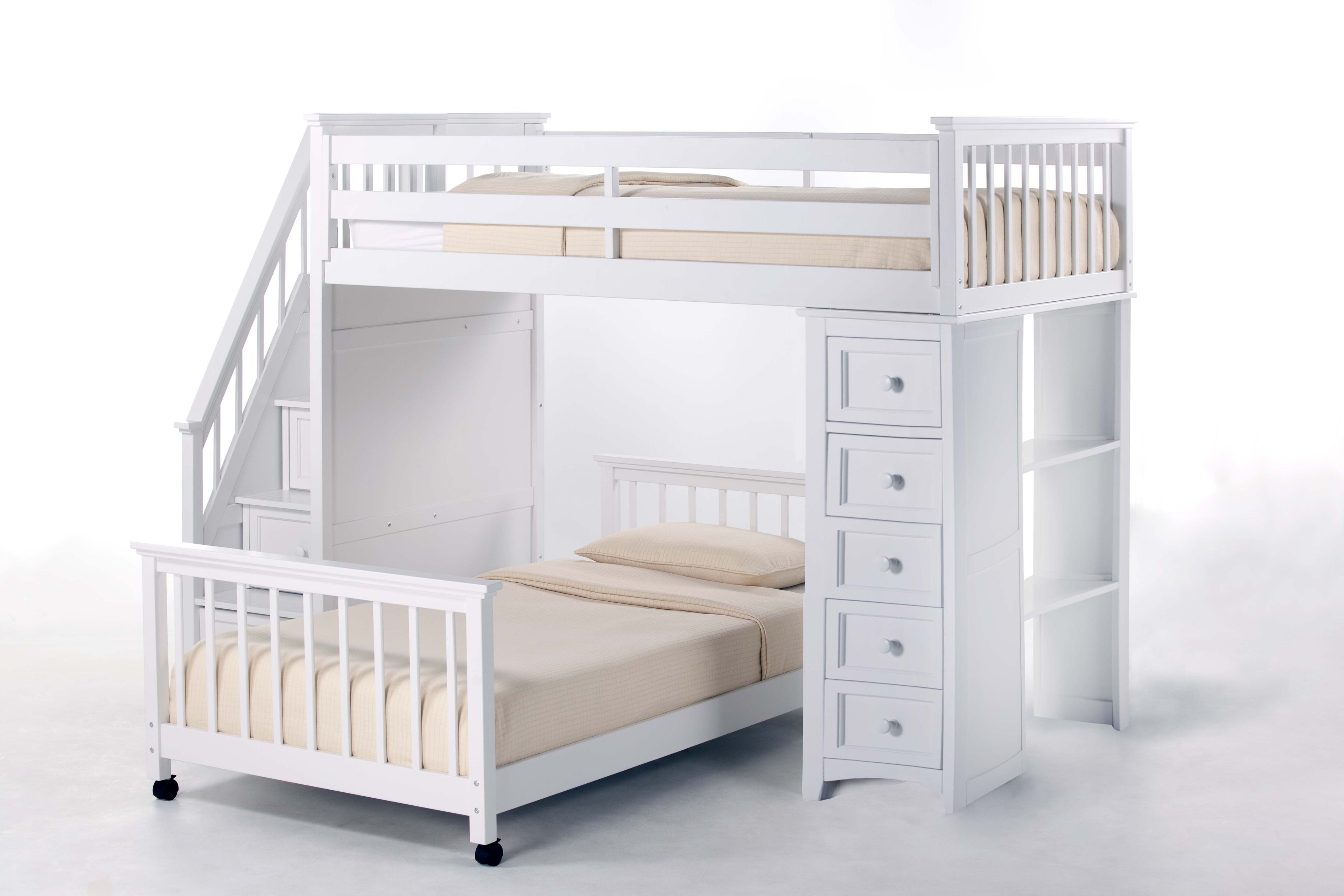 White Twin Loft Bed with Storage Drawers and Headboard