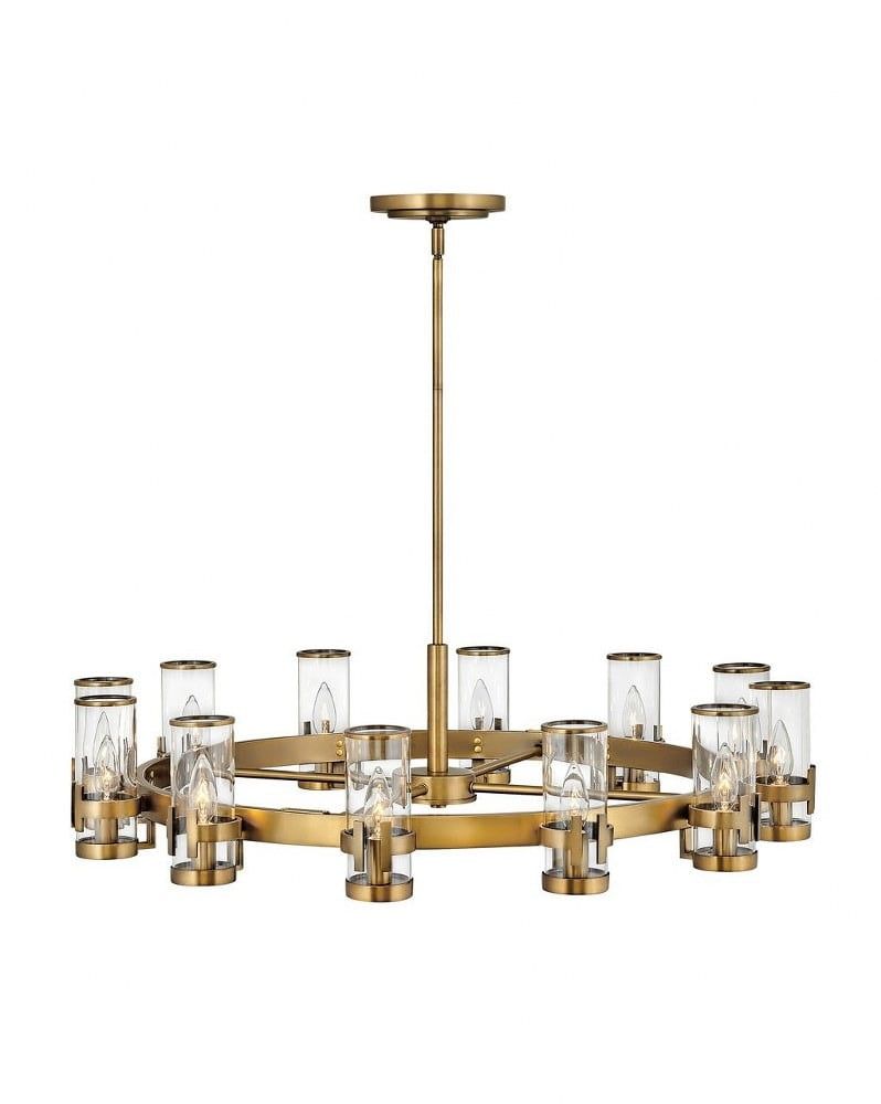 Reeve Heritage Brass 12-Light Wagon Wheel Chandelier with Clear Glass Cylinders