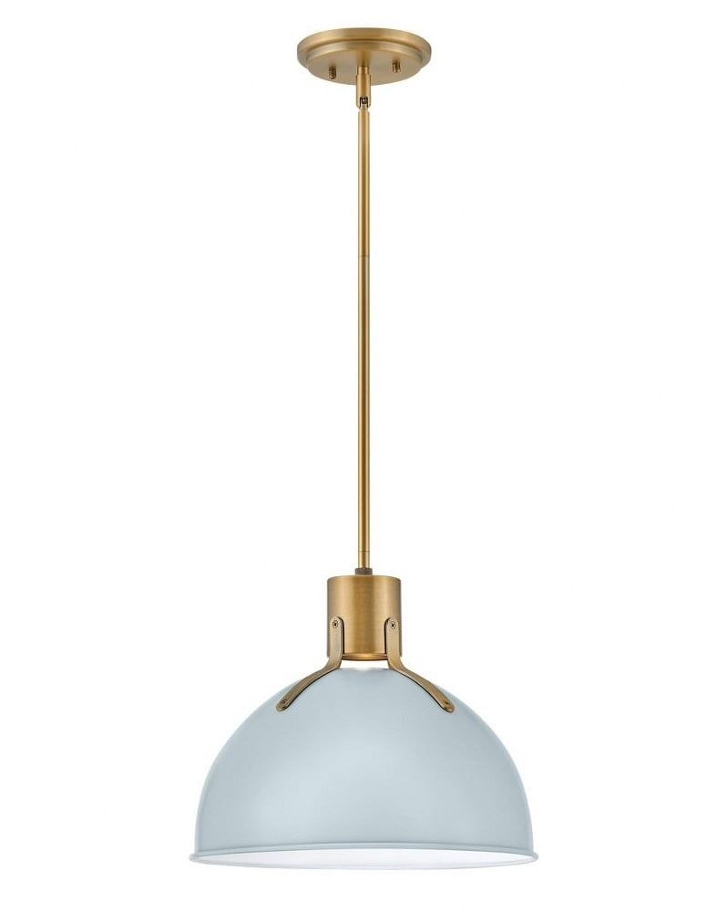 Contemporary Pale Blue Glass Bowl Pendant with Brass Accents