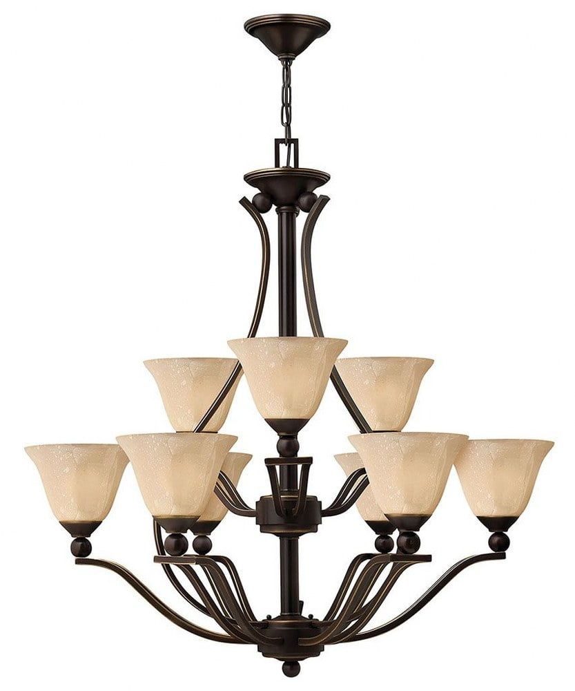 Elegant Olde Bronze 9-Light Chandelier with Light Amber Seedy Glass