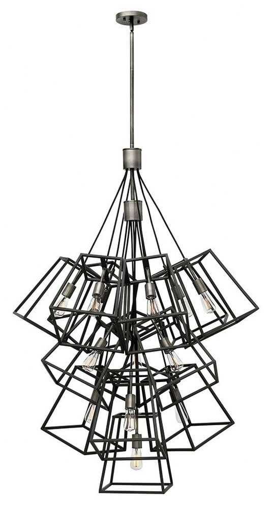 Aged Zinc 13-Light Multi-Tier Industrial Chandelier