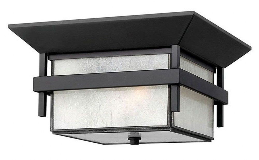 Satin Black Aluminum Outdoor Flush Mount with Etched Seedy Glass