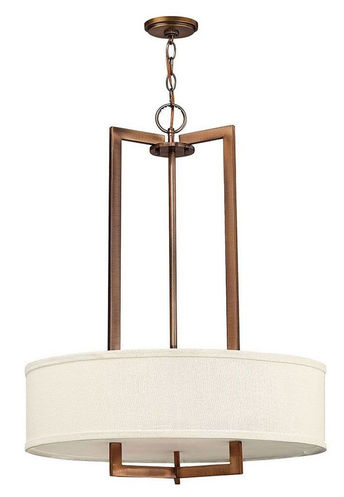 Brushed Bronze Drum Pendant Light with Off-White Linen Shade