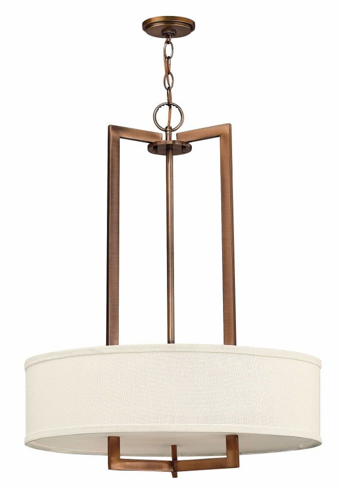 Brushed Bronze Drum Pendant Light with Off-White Linen Shade