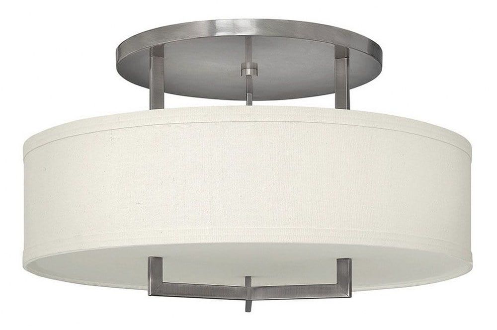 Elegant Antique Nickel Drum Pendant with Off-White Linen Shade