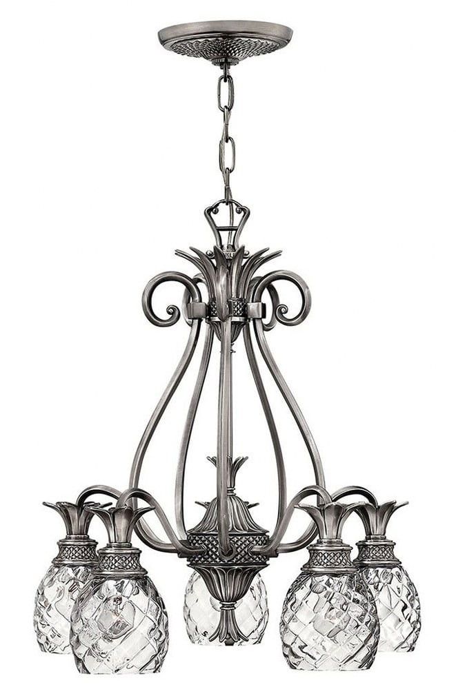 Elegant Polished Antique Nickel 5-Light Chandelier with Clear Crystal Pineapple Shades