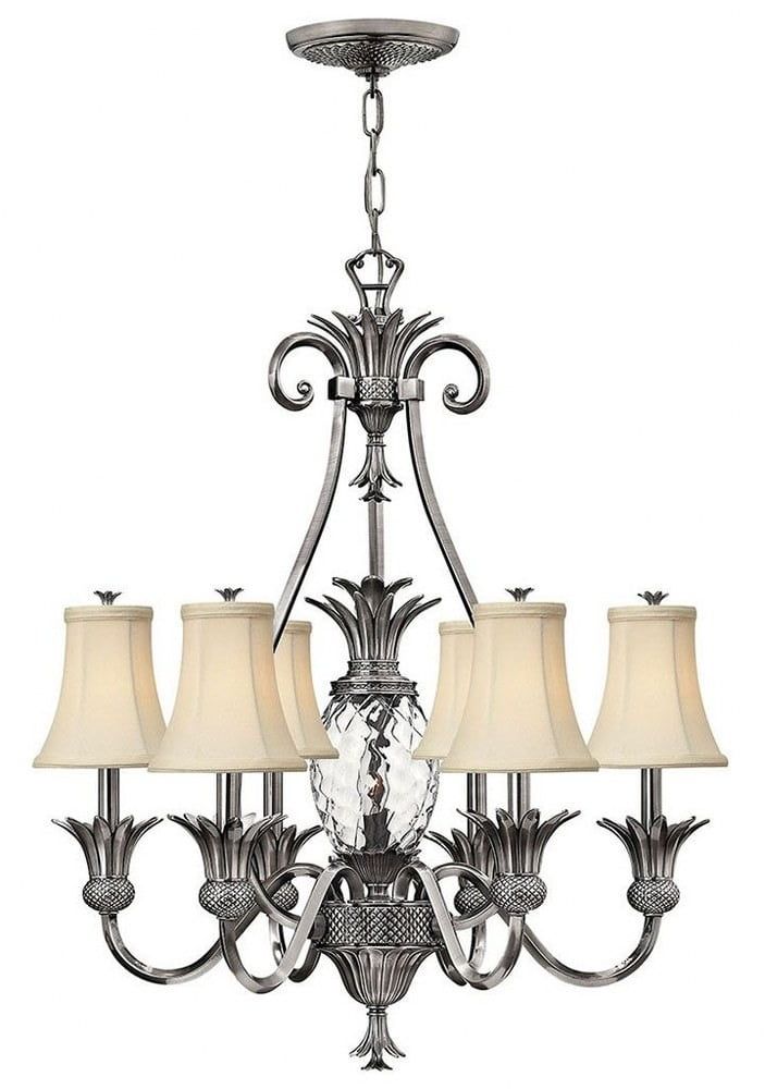 Elegant Plantation Antique Nickel 7-Light Chandelier with Ivory Silk Shades