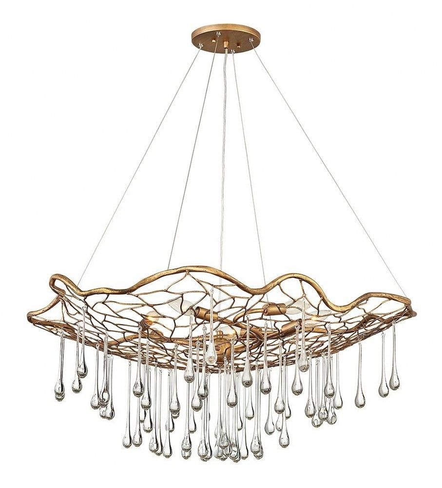 Burnished Gold 36" Six-Light Chandelier with Glass Droplets