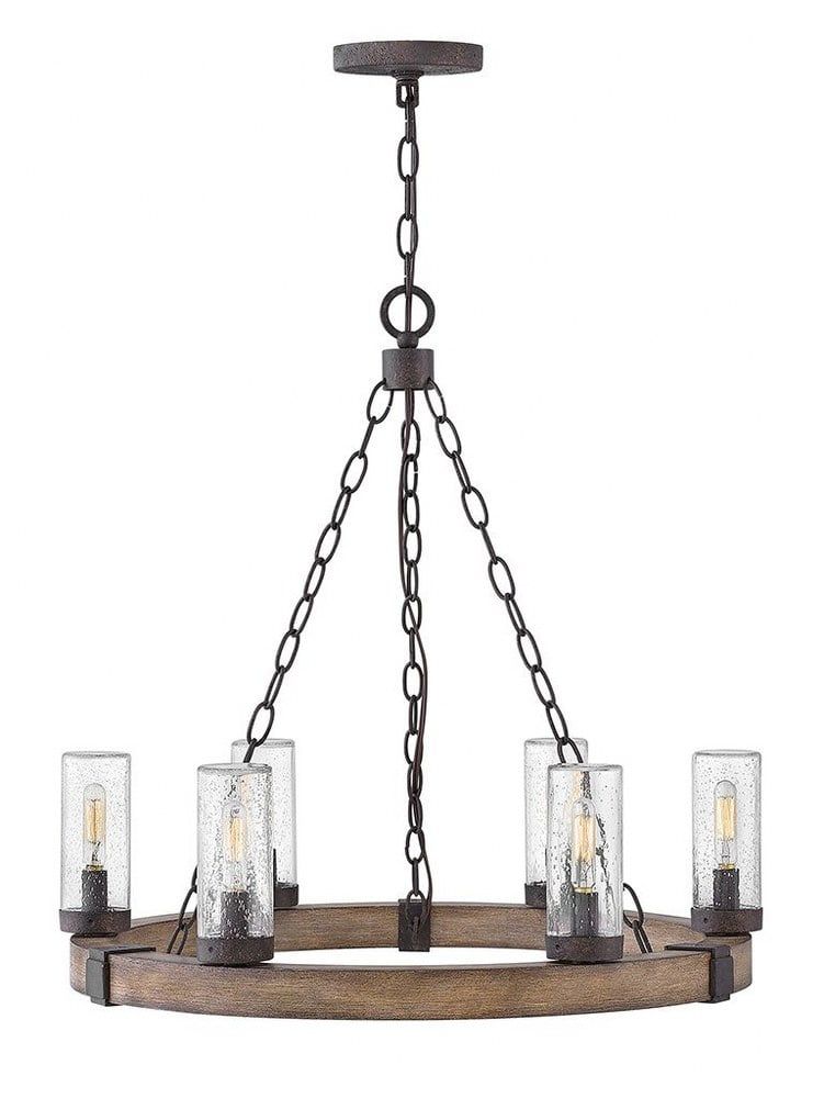 Sequoia Finish Rustic 6-Light LED Outdoor Chandelier with Clear Seedy Glass