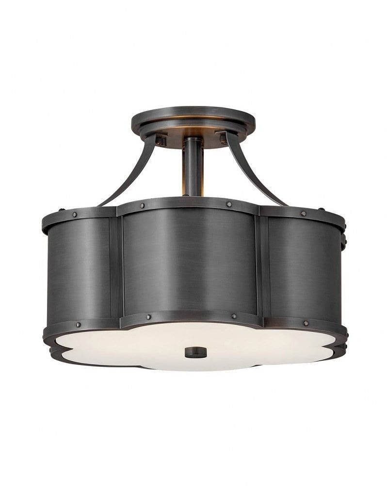 Blackened Brass LED Drum Pendant with Etched Glass Shade