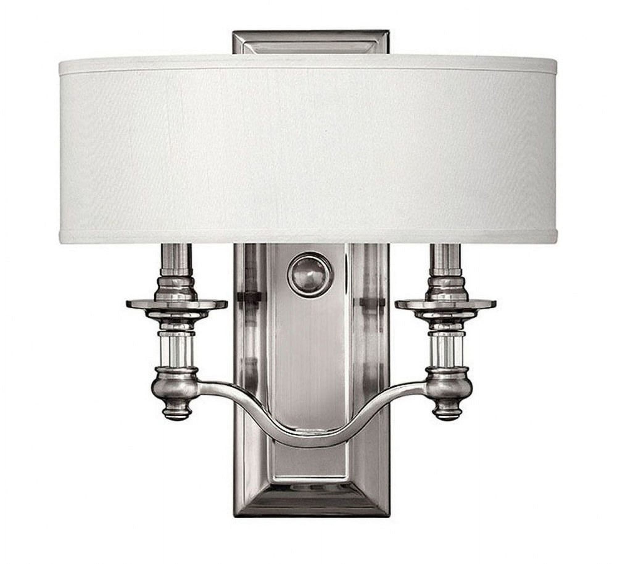 Elegant Dual-Light Brushed Nickel Sconce with White Fabric Shade