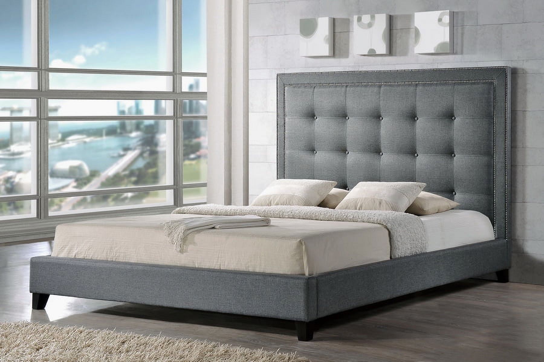 Elegant Gray Linen King Platform Bed with Tufted Headboard and Nailhead Trim