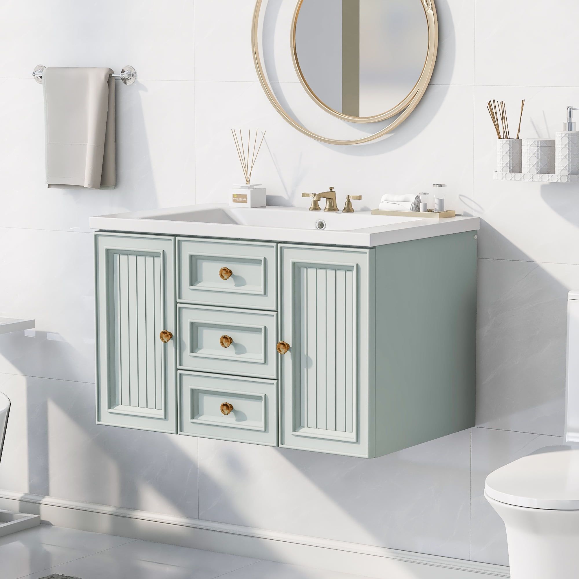 Green Wall-Mounted Bathroom Vanity with Ceramic Sink and Storage