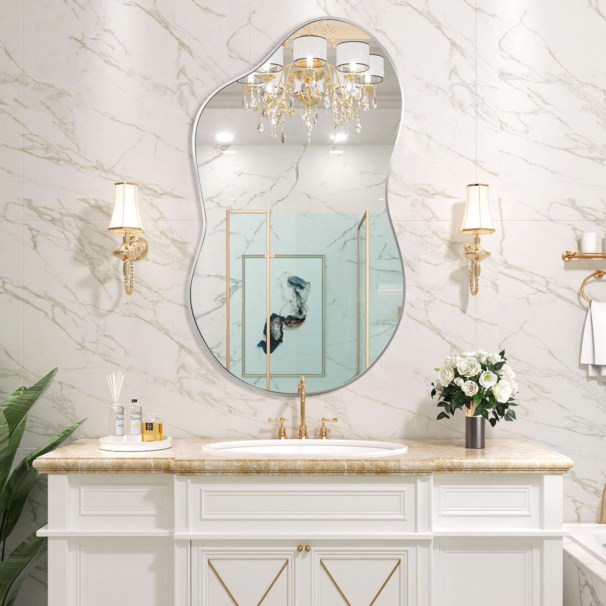 Asymmetrical Silver Glass Wall Mirror with MDF Backboard