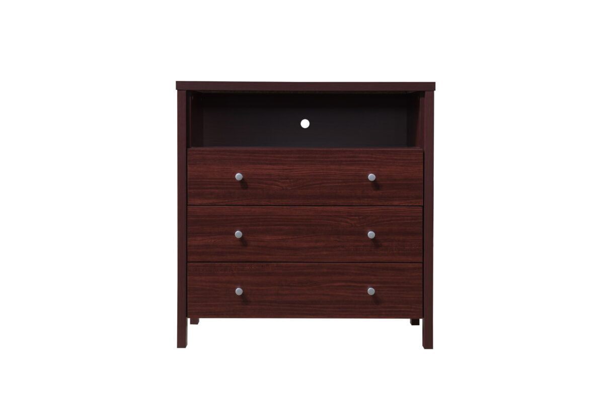 Mahogany 3-Drawer Dresser with Open Shelf and Roller Glides