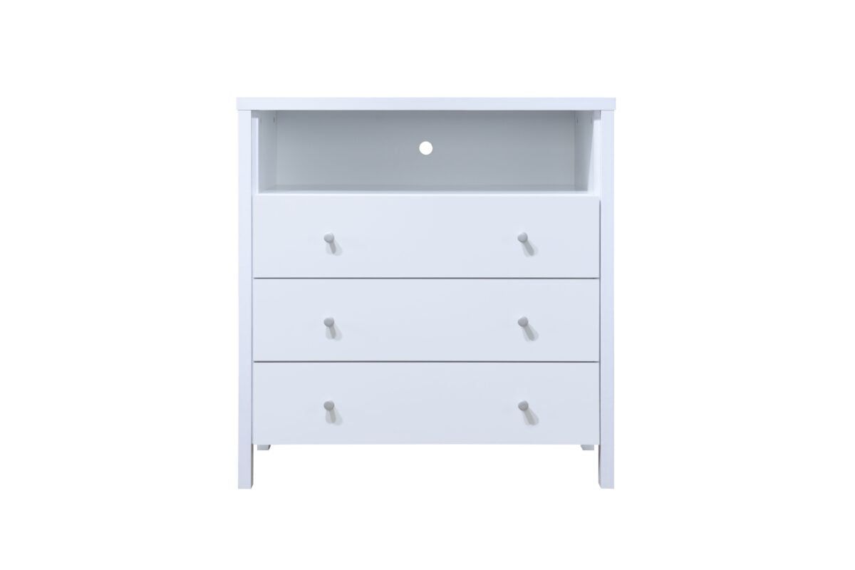 Modern White 3-Drawer Dresser with Open Shelf and Metal Rollers