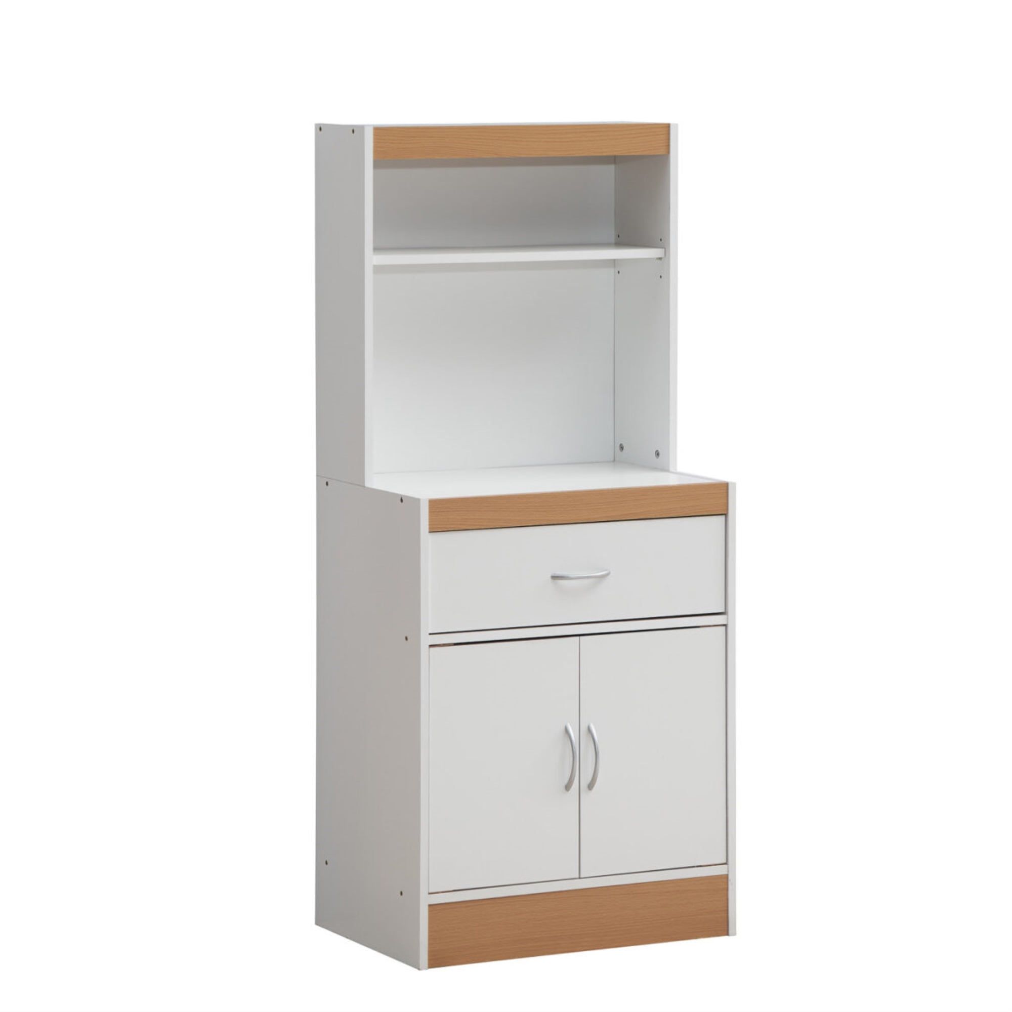 White Tall Kitchen Cabinet with Open Shelves and Drawer