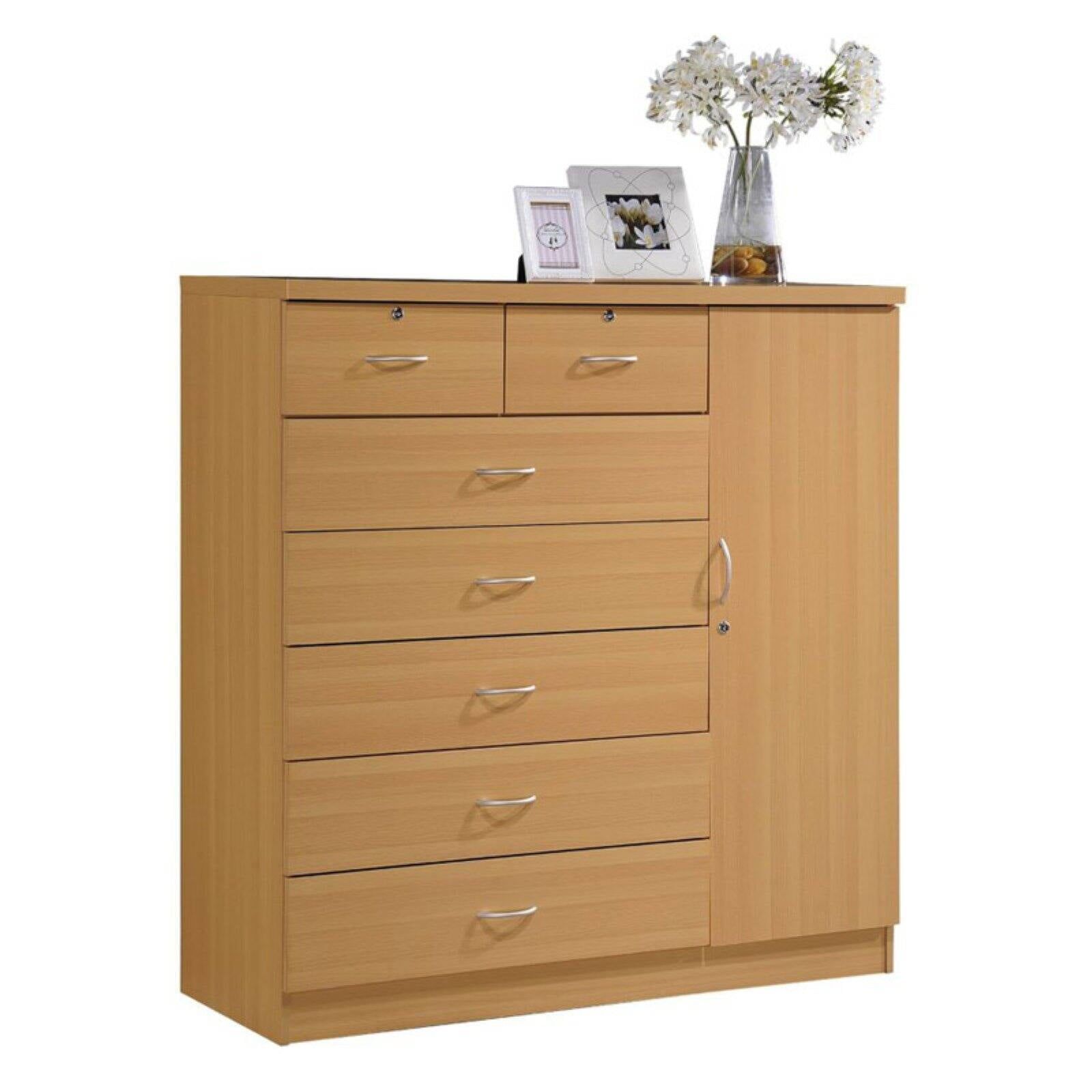 Beech 7-Drawer Chest with Locking Door and Shelves