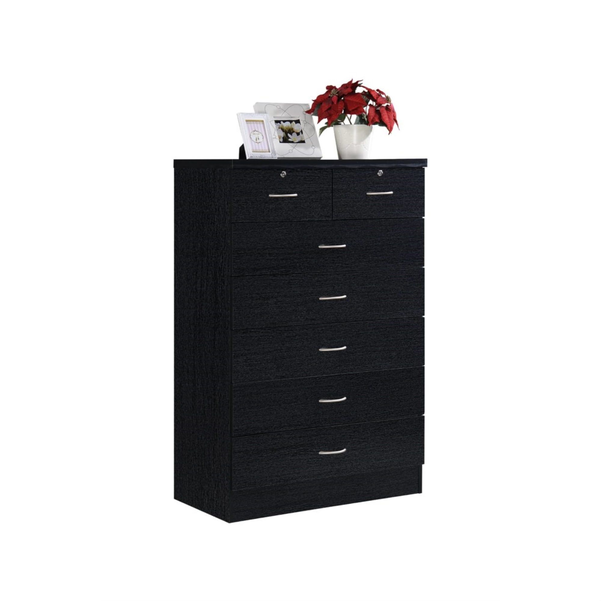 Black MDF 7-Drawer Chest with Locks and Mirror